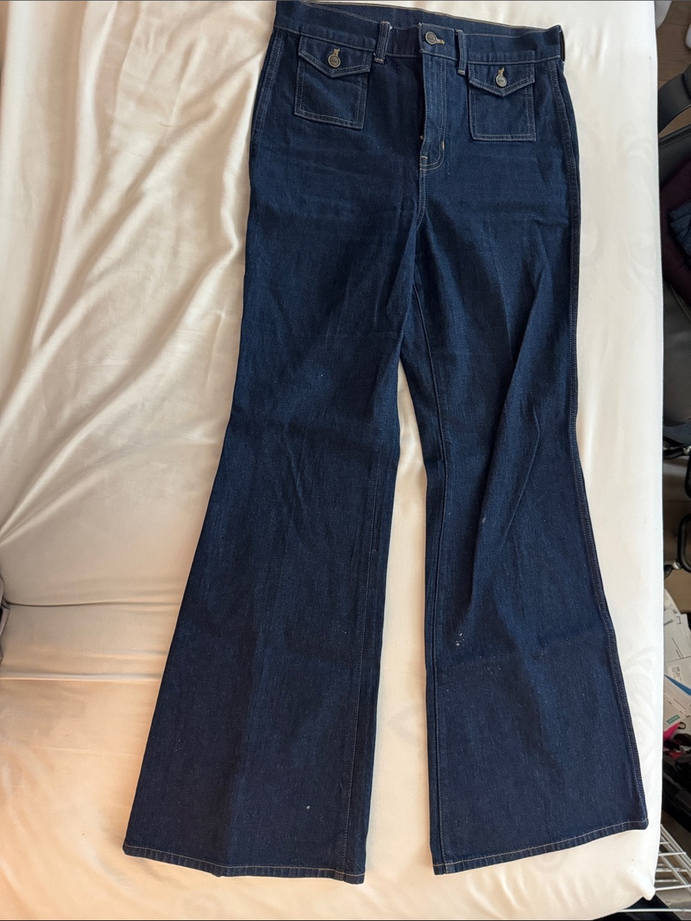 J. Crew High-Rise Dark Indigo Patch Pocket Flare Jeans - Women's Wide Leg